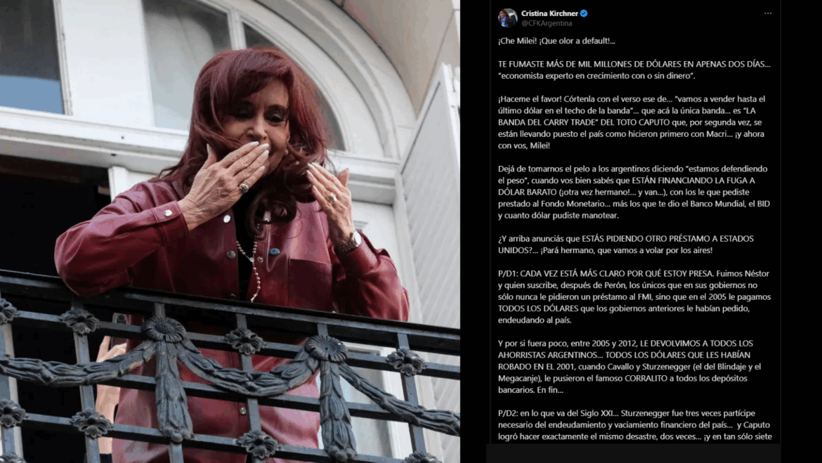 Cristina Kirchner volvió a criticar a Milei: “Hay olor a default”