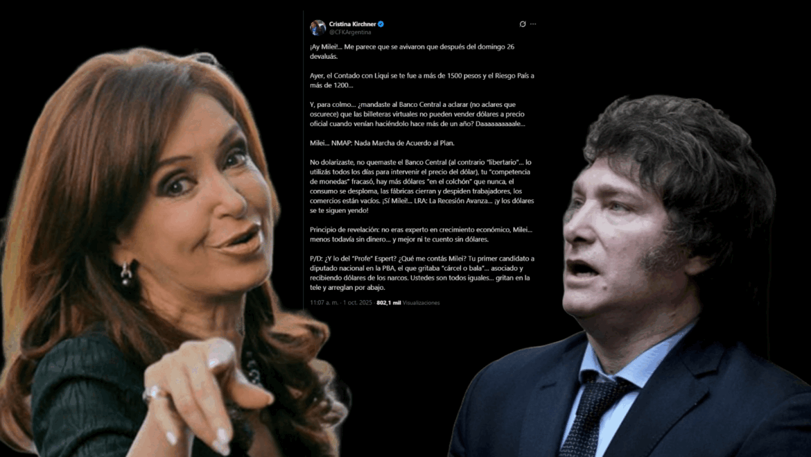 Cristina Kirchner cruzó a Milei por la suba del dólar: “Se avivaron que después del domingo 26 devaluás”