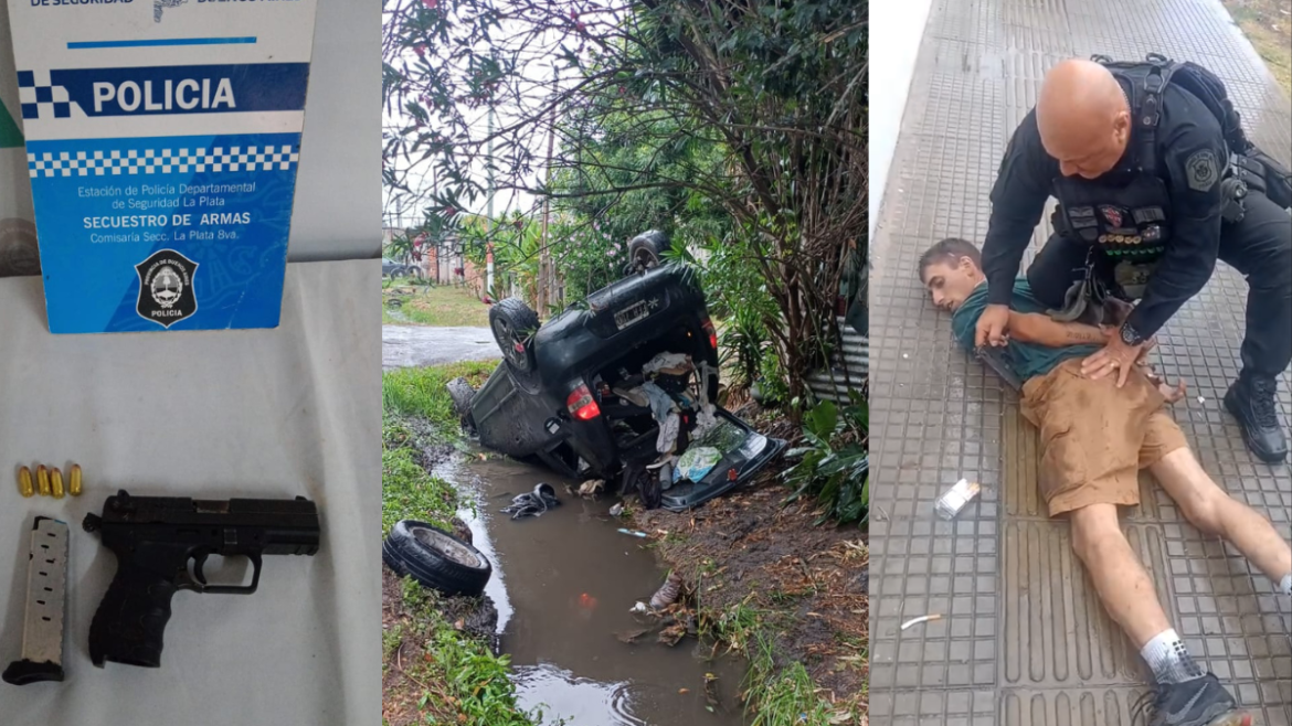 Volcaron con un auto, escaparon en colectivo y fueron detenidos con un arma en La Plata