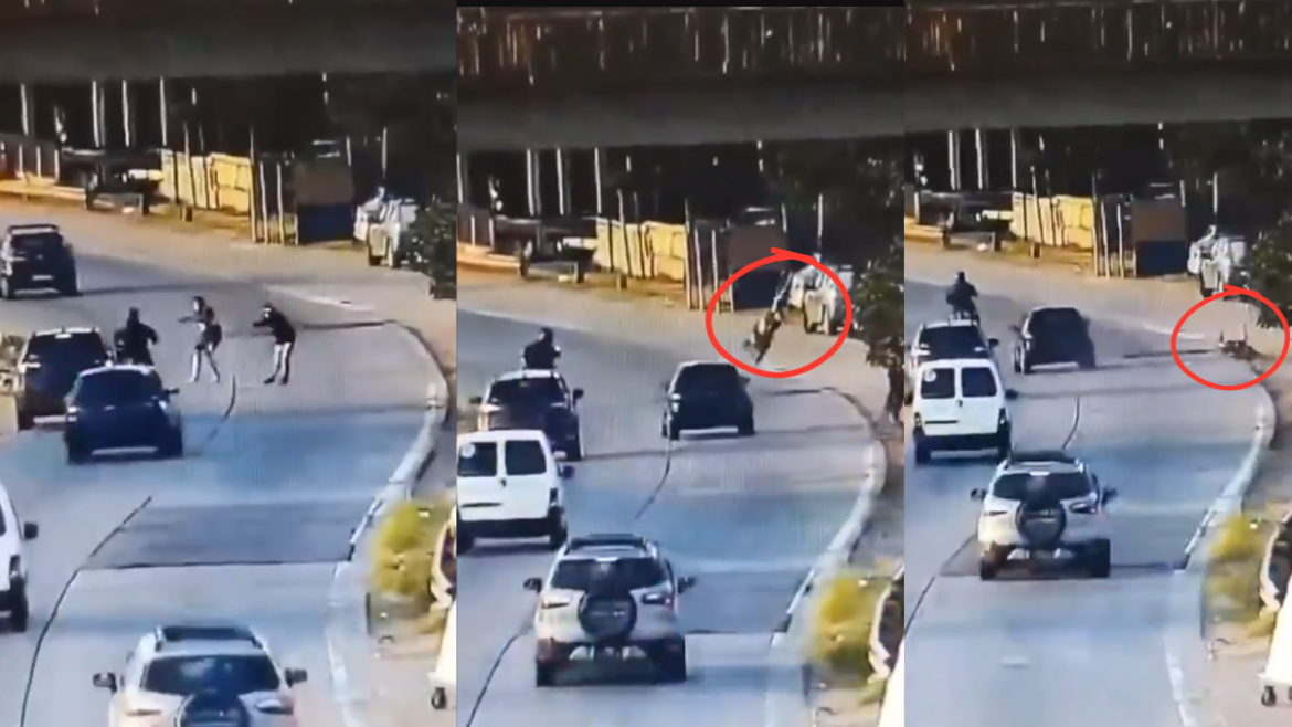Video: Intentó asaltar a un motociclista en el Acceso Sudeste y terminó atropellado