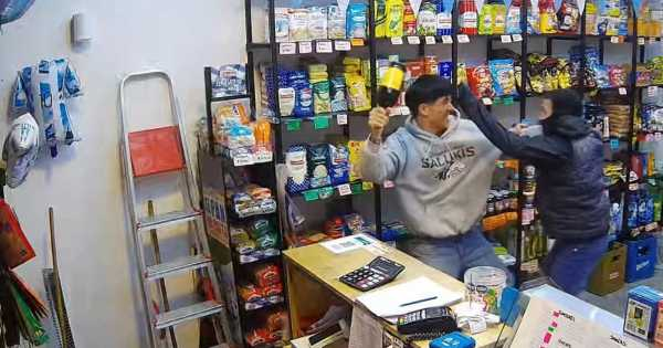 Video: Un kiosquero enfrentó a un ladrón a botellazos y logró hacerlo escapar