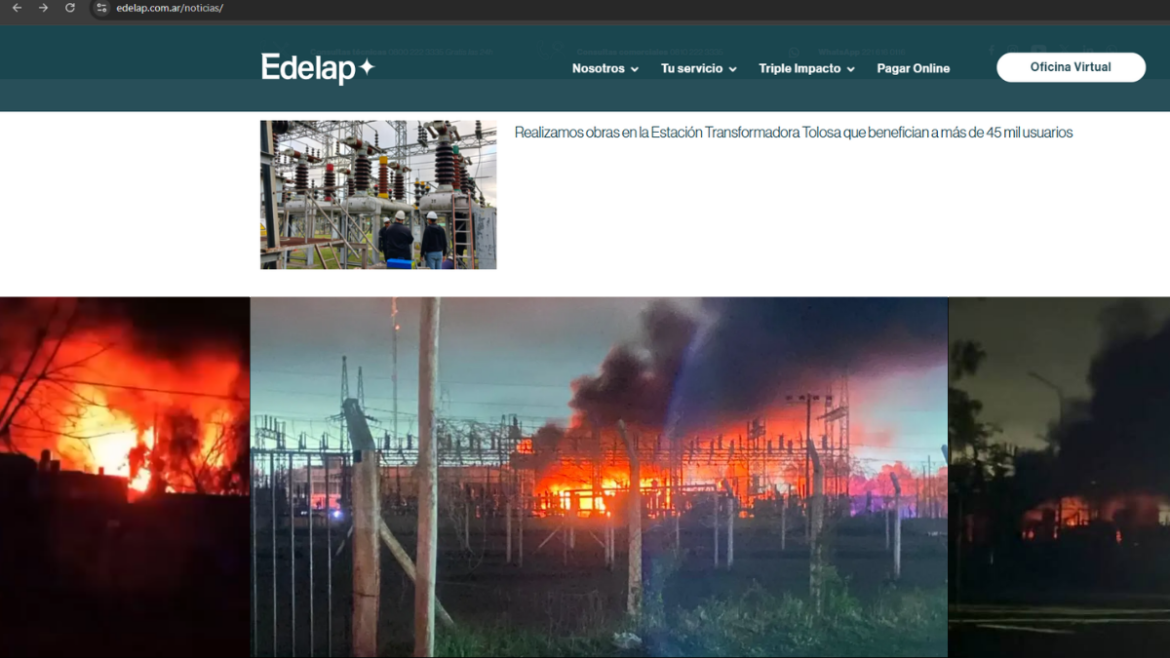 De la “mejora y confiabilidad” al apagón masivo: EDELAP anunció obras en Tolosa y dos meses después la subestación se incendió
